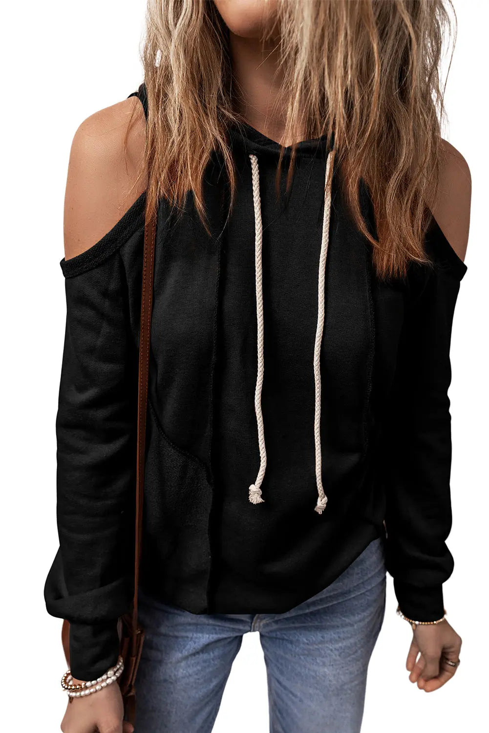 Black Exposed Seam Cold Shoulder Drawstring Hoodie Beagle Boutique Fashion Outlet