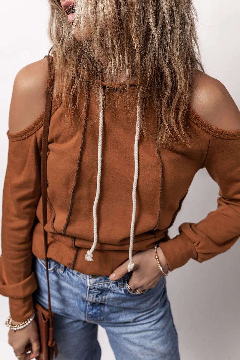 Black Exposed Seam Cold Shoulder Drawstring Hoodie Beagle Boutique Fashion Outlet