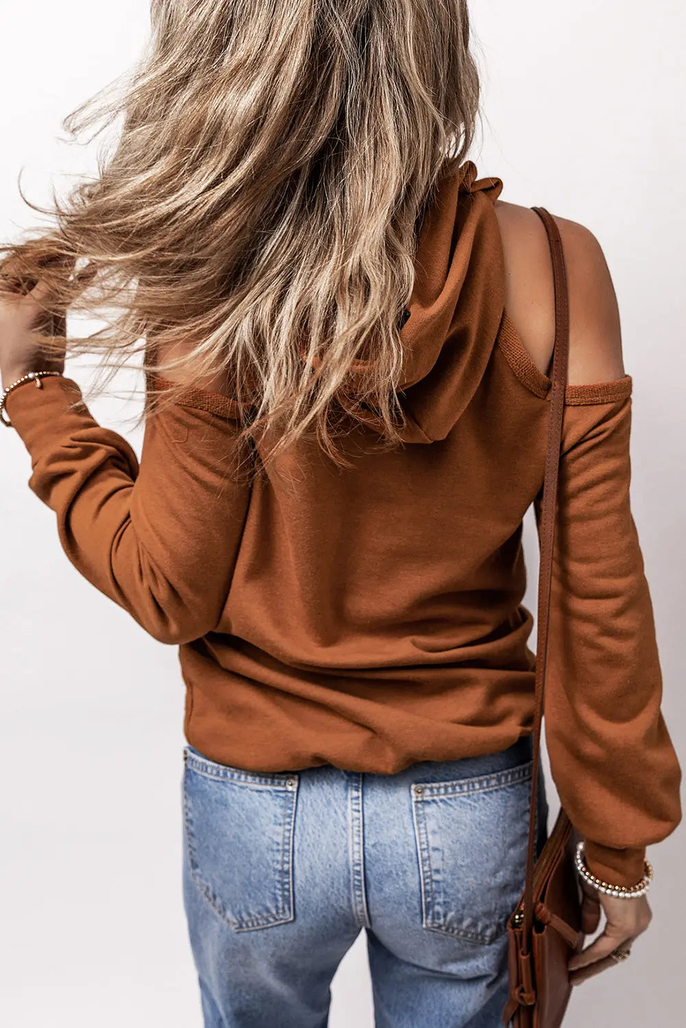 Black Exposed Seam Cold Shoulder Drawstring Hoodie Beagle Boutique Fashion Outlet
