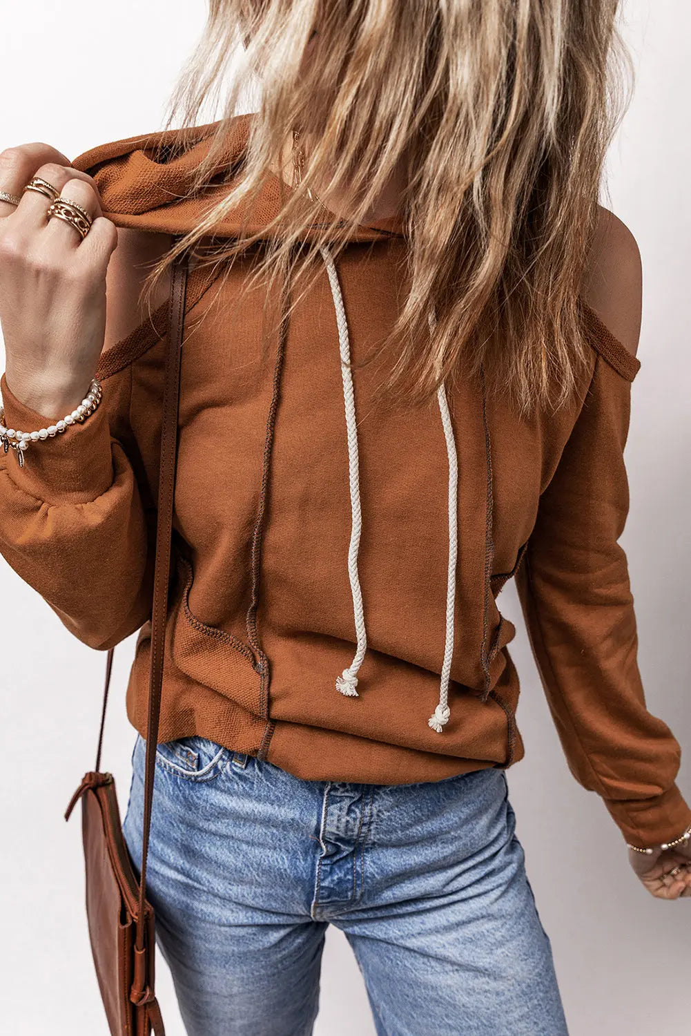 Black Exposed Seam Cold Shoulder Drawstring Hoodie Beagle Boutique Fashion Outlet