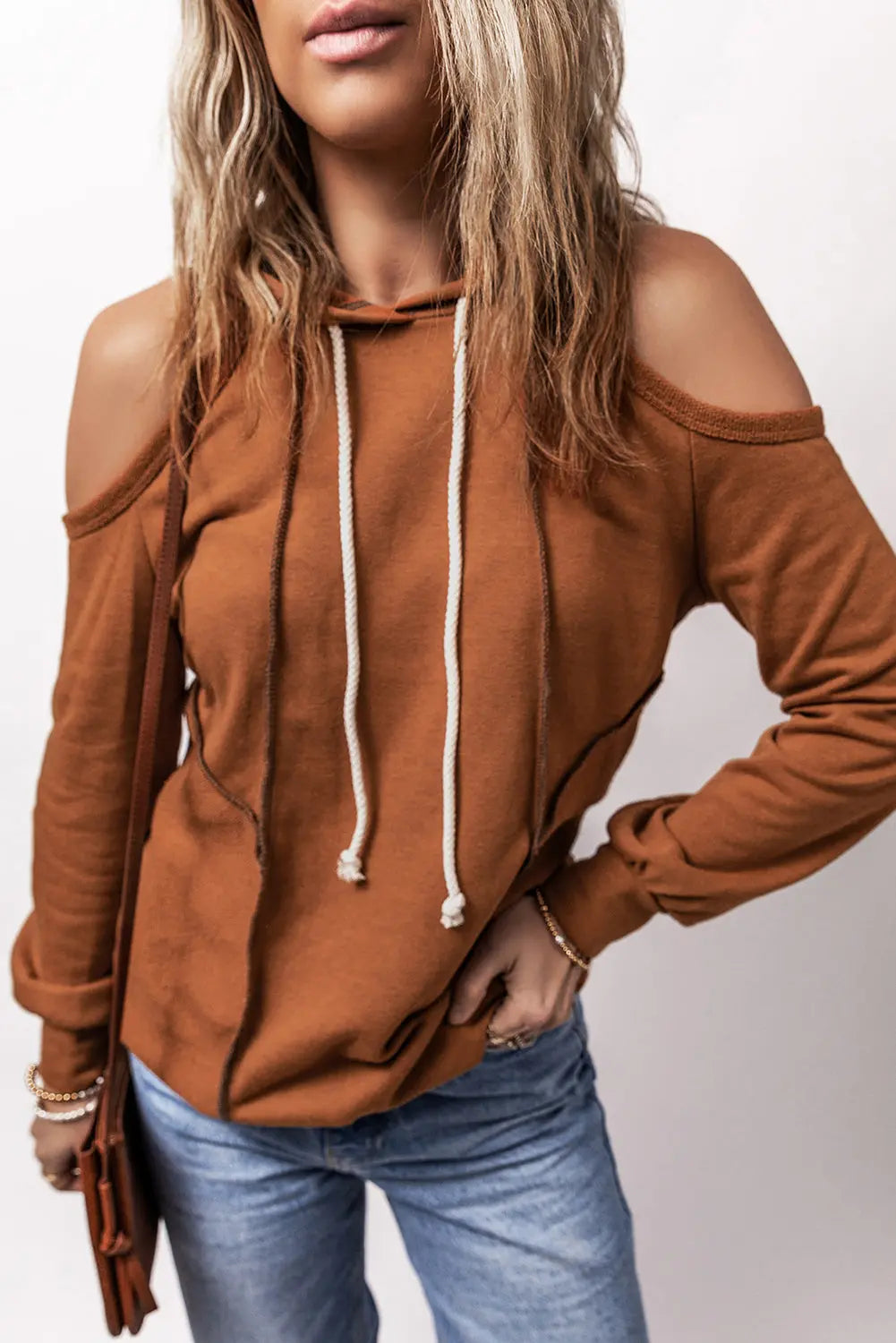 Black Exposed Seam Cold Shoulder Drawstring Hoodie Beagle Boutique Fashion Outlet
