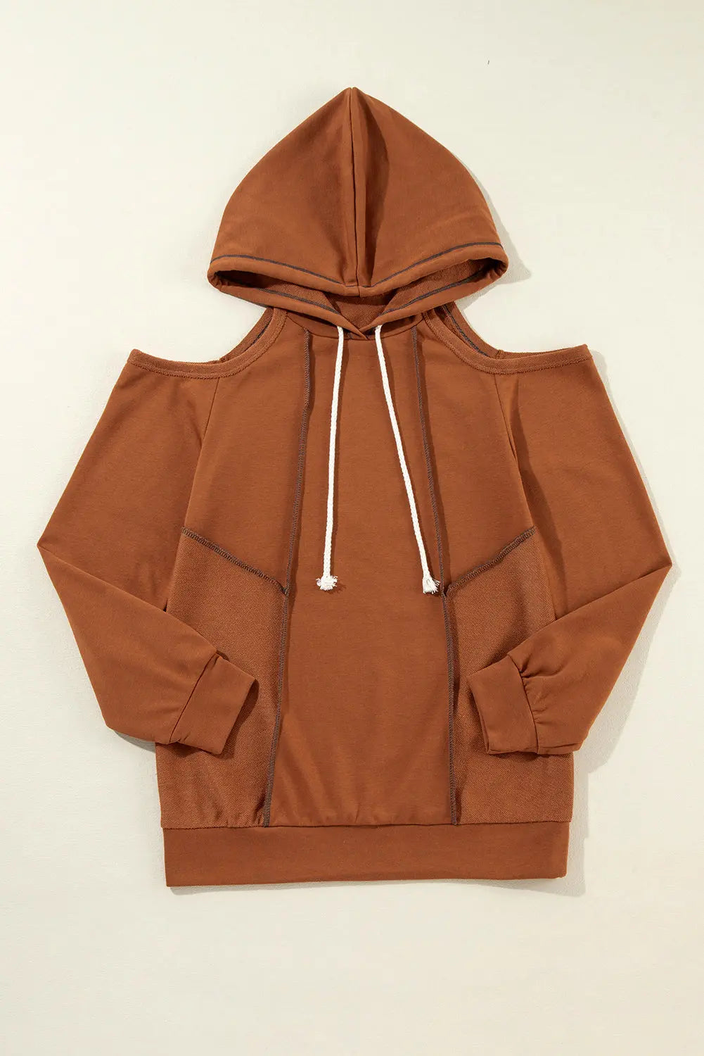 Black Exposed Seam Cold Shoulder Drawstring Hoodie Beagle Boutique Fashion Outlet