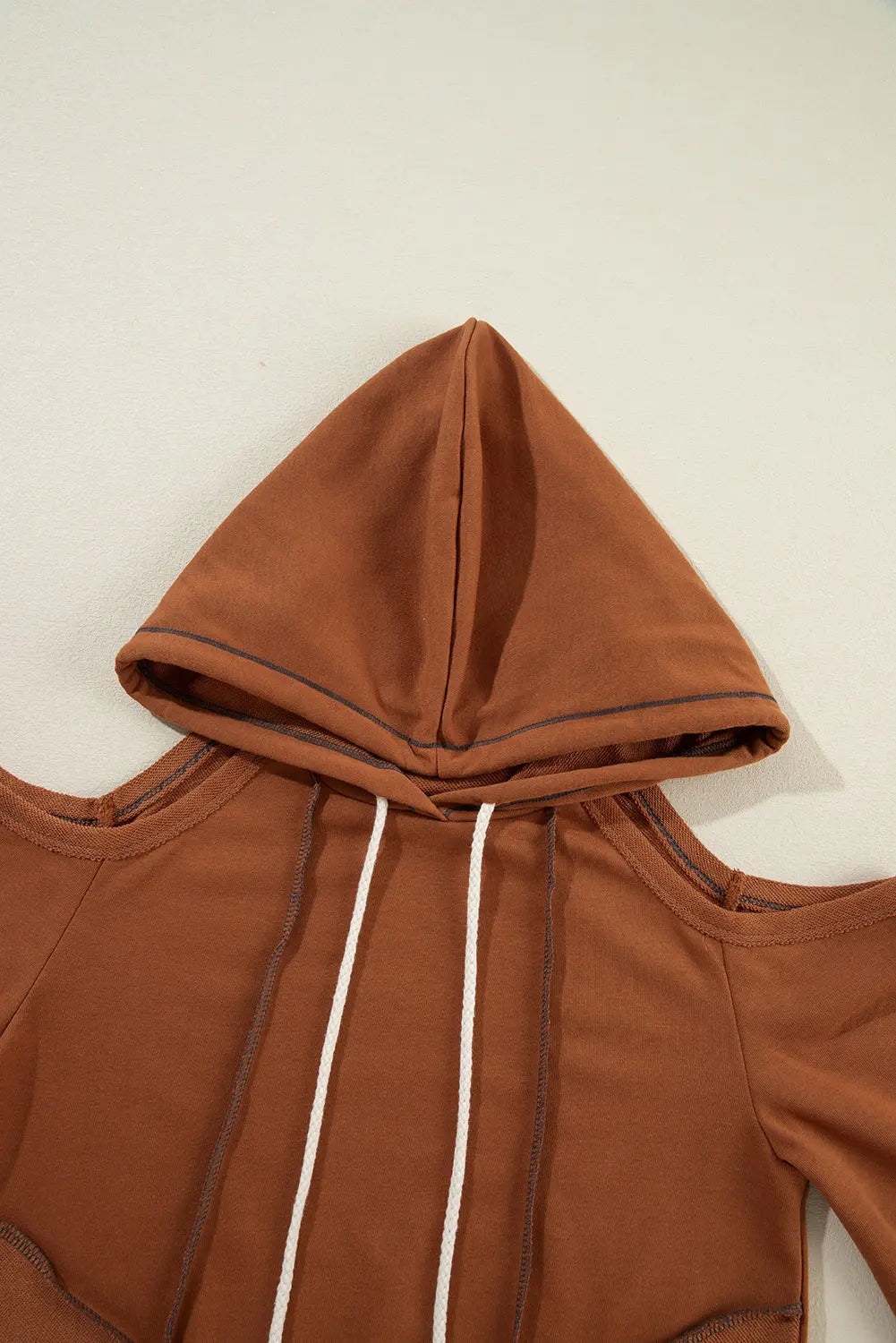 Black Exposed Seam Cold Shoulder Drawstring Hoodie Beagle Boutique Fashion Outlet