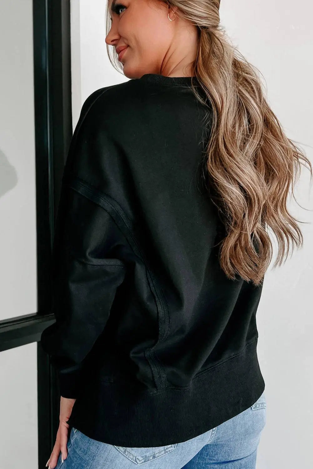 Black Exposed Seam Drop Shoulder Round Neck Sweatshirt with Slits - BB Fashion Outlet