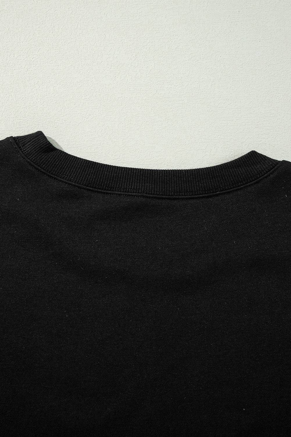 Black Exposed Seam Drop Shoulder Round Neck Sweatshirt with Slits - BB Fashion Outlet