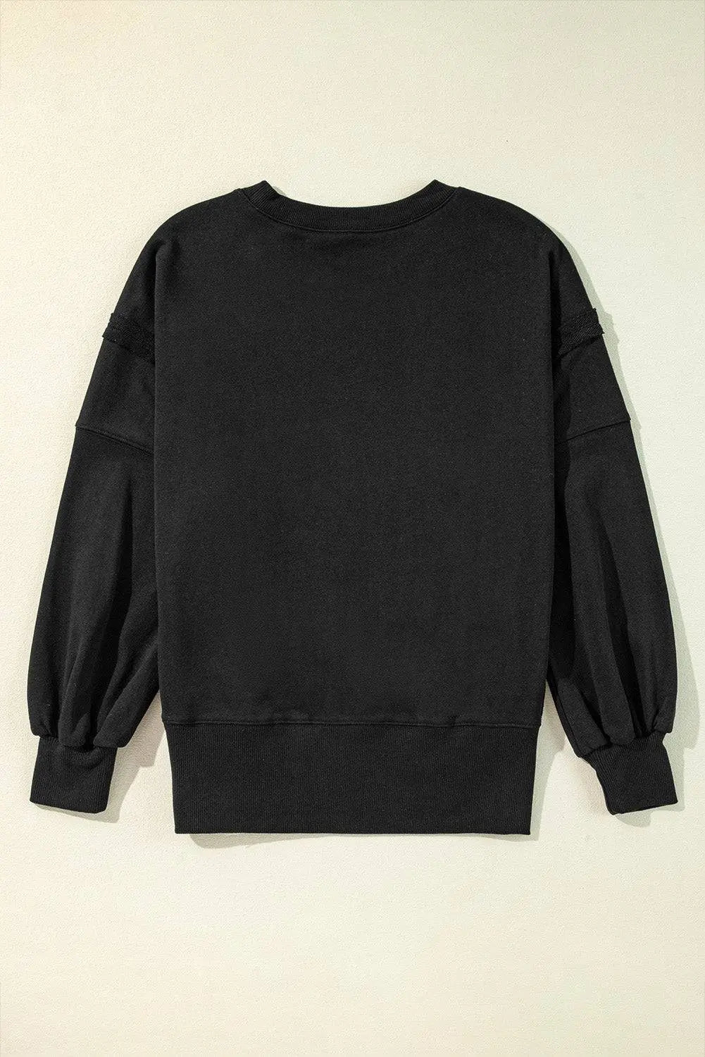 Black Exposed Seam Drop Shoulder Round Neck Sweatshirt with Slits - BB Fashion Outlet