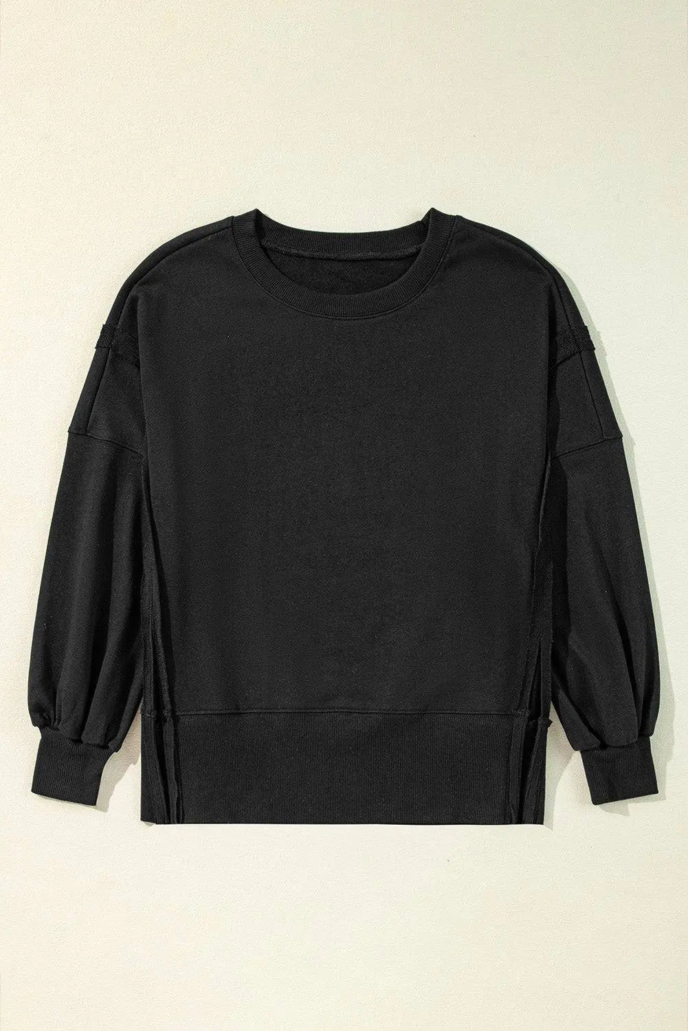 Black Exposed Seam Drop Shoulder Round Neck Sweatshirt with Slits - BB Fashion Outlet