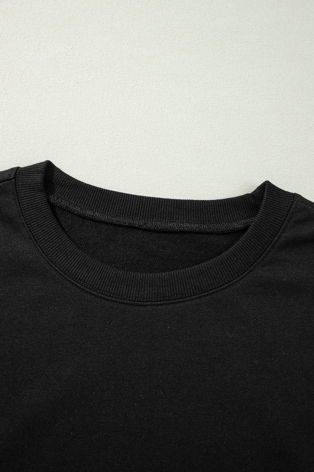 Black Exposed Seam Drop Shoulder Round Neck Sweatshirt with Slits - BB Fashion Outlet