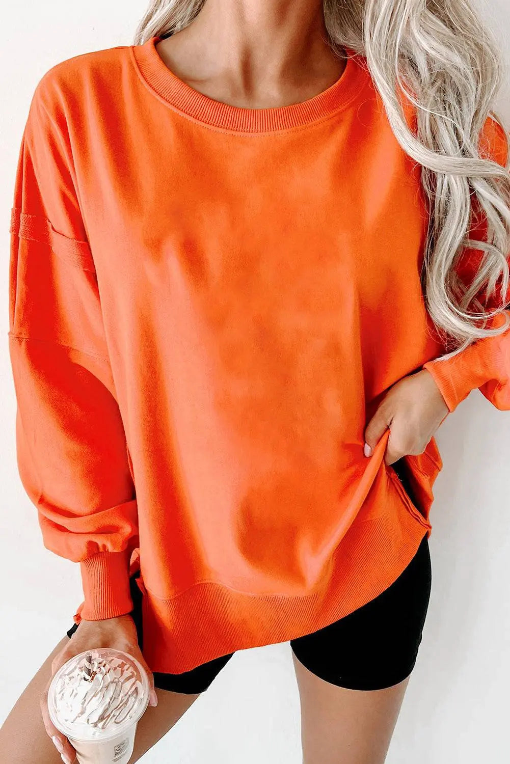 Black Exposed Seam Drop Shoulder Round Neck Sweatshirt with Slits - BB Fashion Outlet