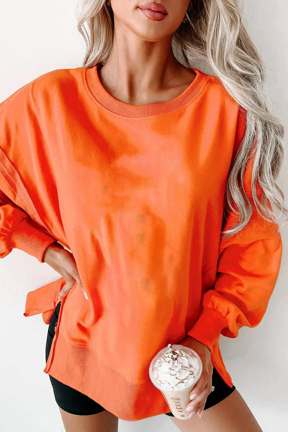 Black Exposed Seam Drop Shoulder Round Neck Sweatshirt with Slits - BB Fashion Outlet