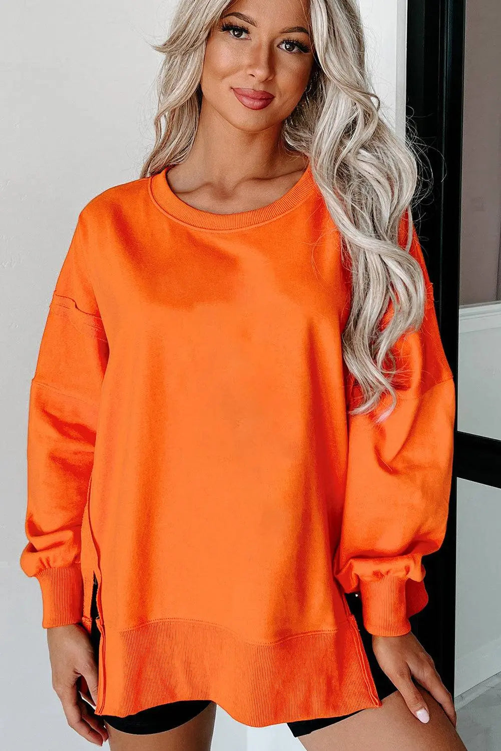 Black Exposed Seam Drop Shoulder Round Neck Sweatshirt with Slits - BB Fashion Outlet
