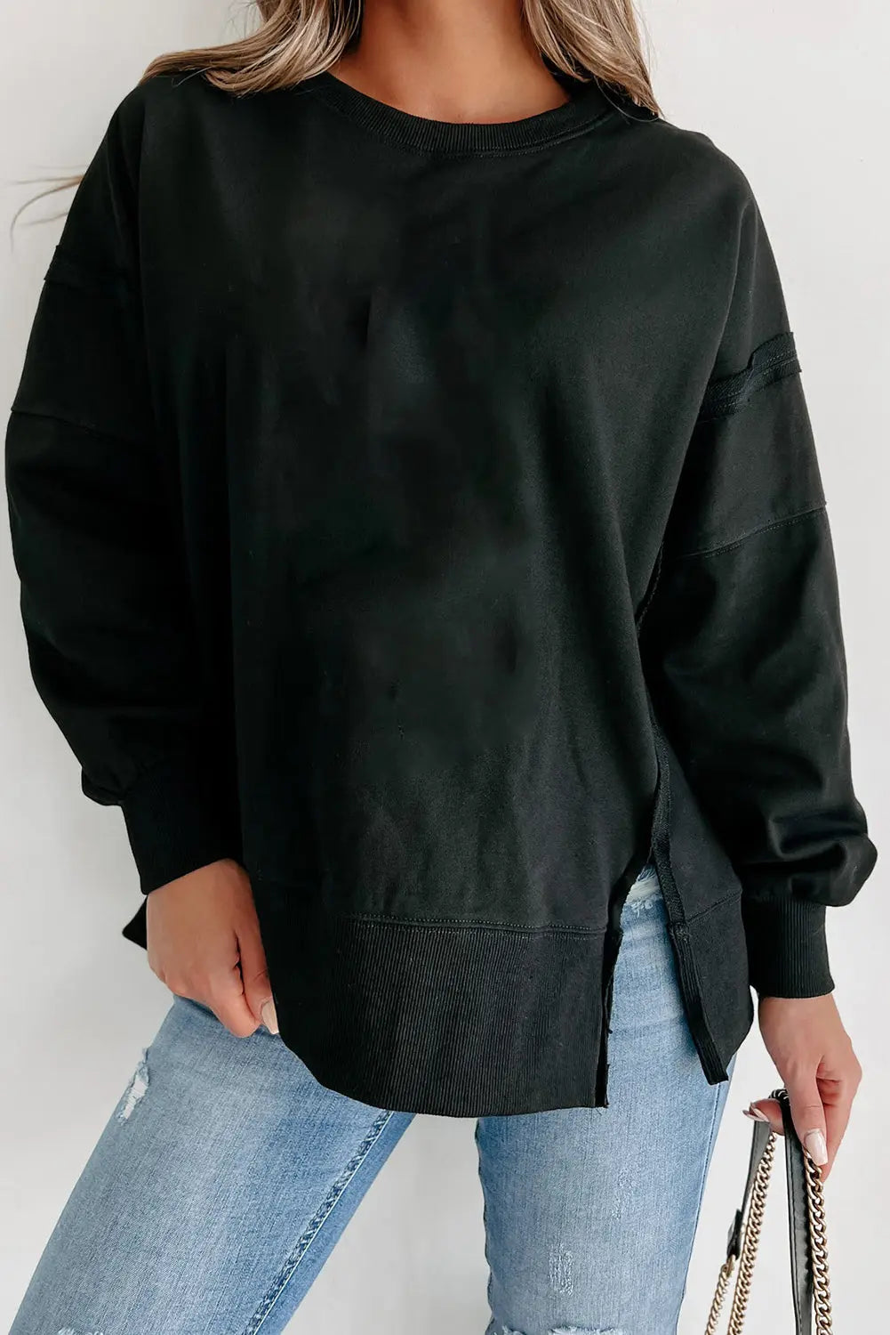 Black Exposed Seam Drop Shoulder Round Neck Sweatshirt with Slits - eAura