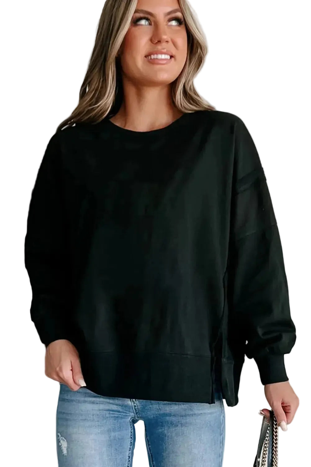 Black Exposed Seam Drop Shoulder Round Neck Sweatshirt with Slits - Tops/Sweatshirts & Hoodies