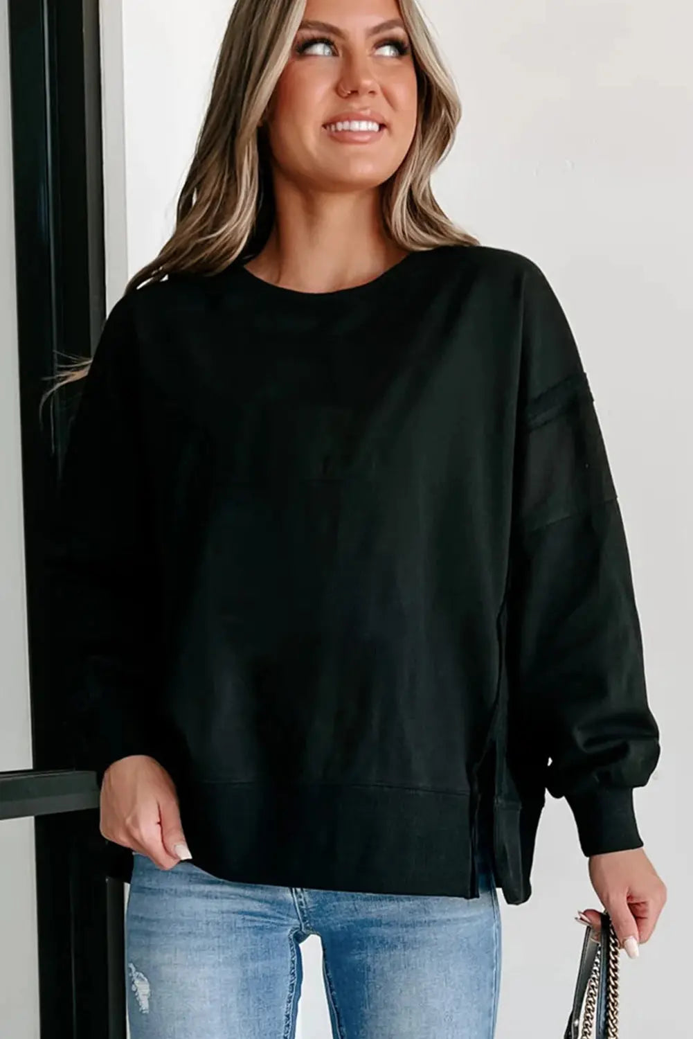 Black Exposed Seam Drop Shoulder Round Neck Sweatshirt with Slits - eAura