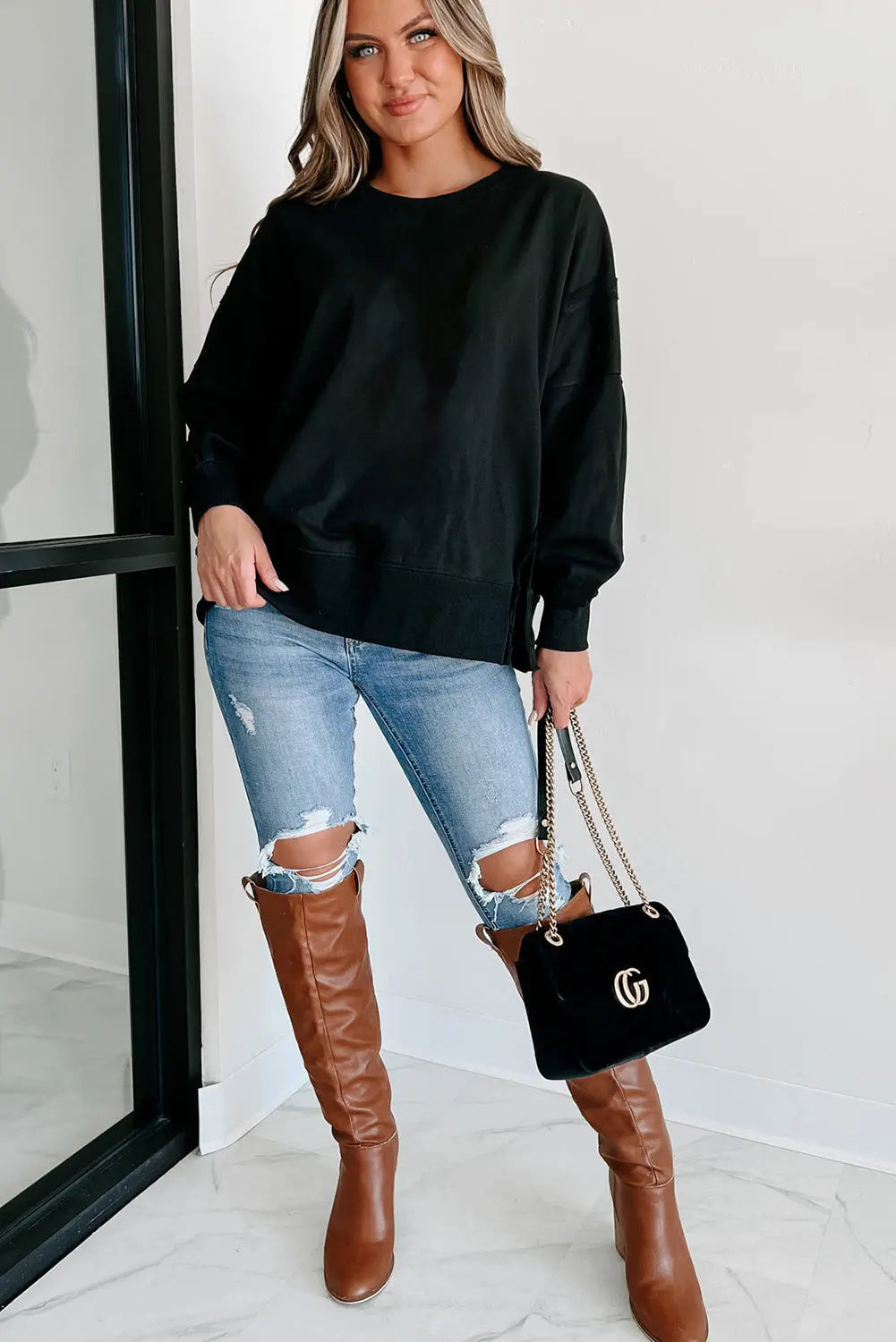 Black Exposed Seam Drop Shoulder Round Neck Sweatshirt with Slits - eAura