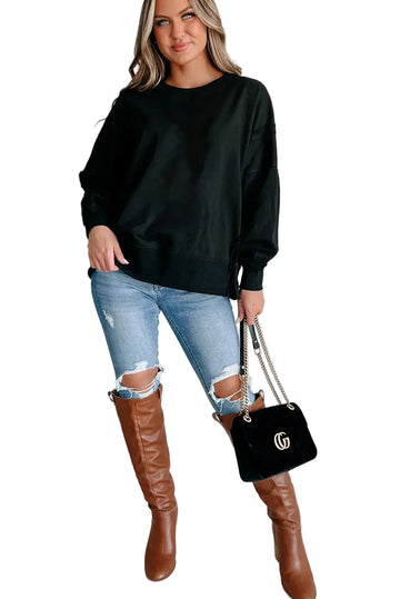 Shop Black Exposed Seam Drop Shoulder Round Neck Sweatshirt with Slits at eAura