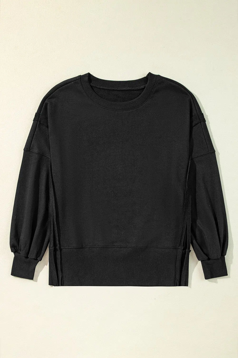 Black Exposed Seam Drop Shoulder Round Neck Sweatshirt with Slits - eAura