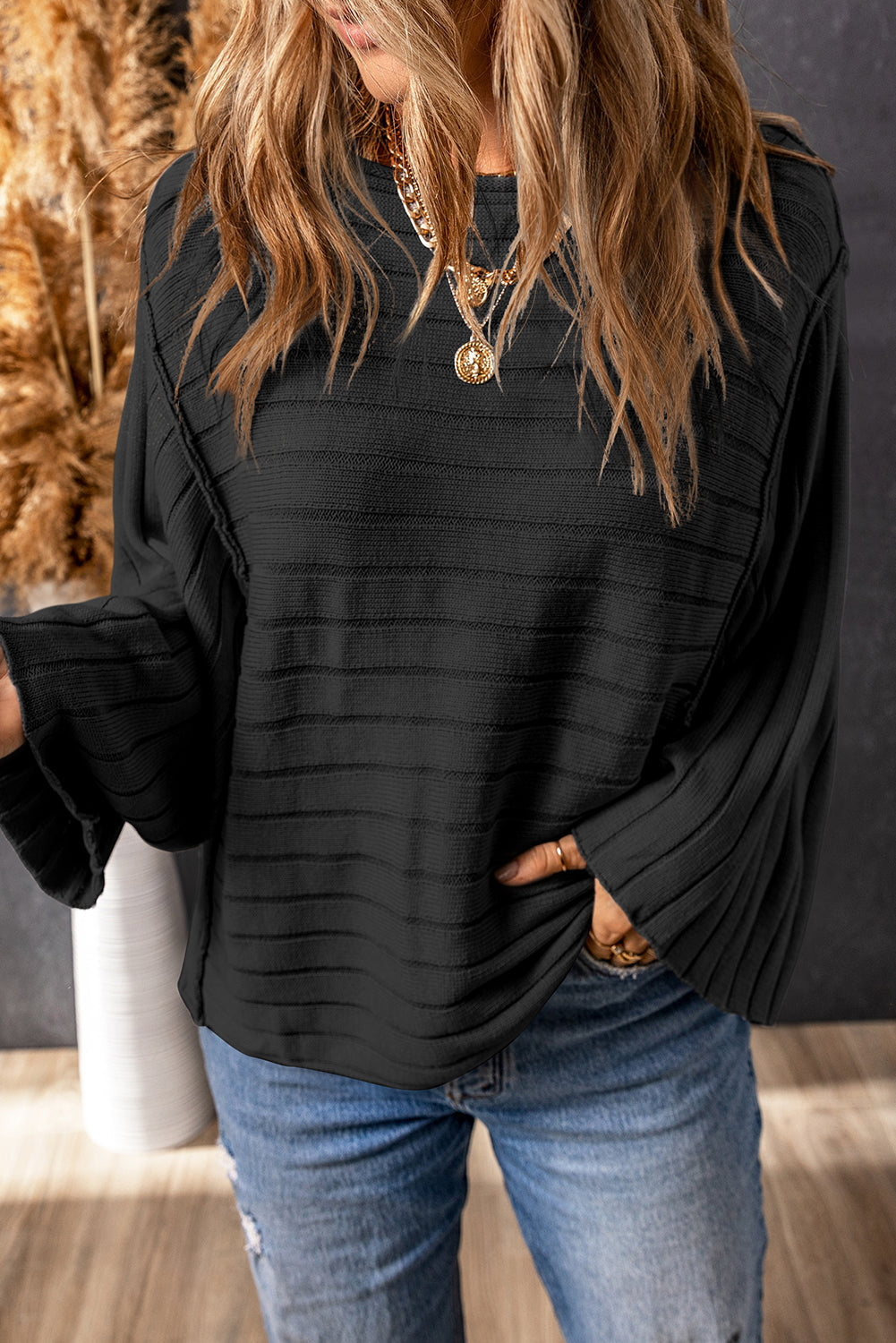 Black Exposed Seam Ribbed Knit Dolman Top - eAura