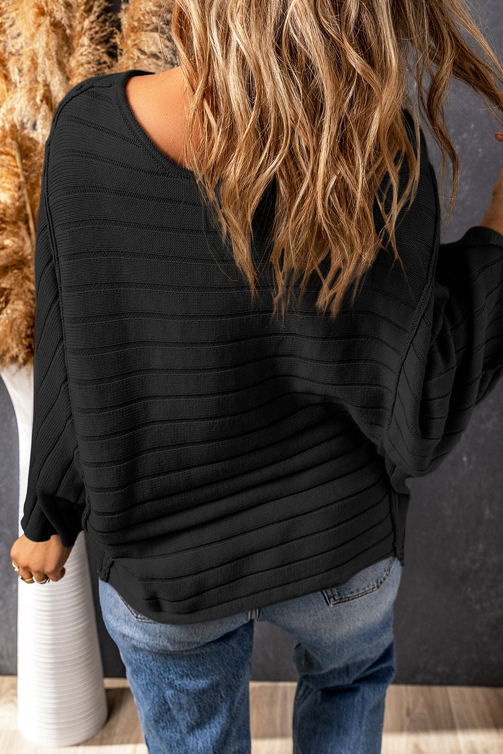 Black Exposed Seam Ribbed Knit Dolman Top - eAura