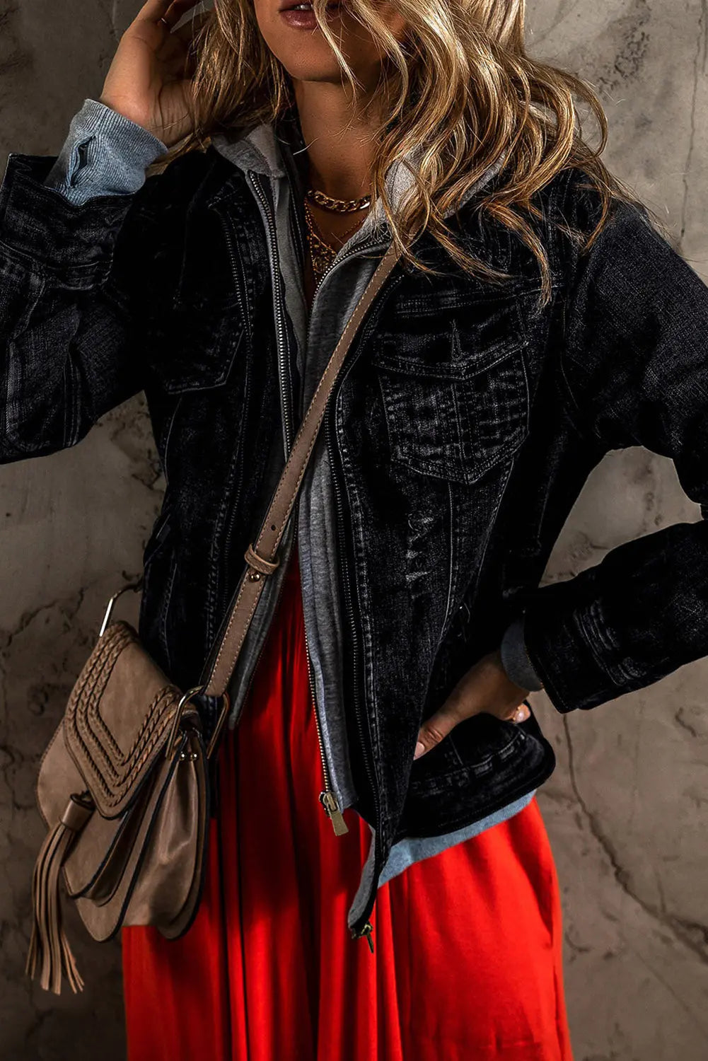 Black Fake Two-Piece Hooded Zip-Up Denim Jacket - eAura