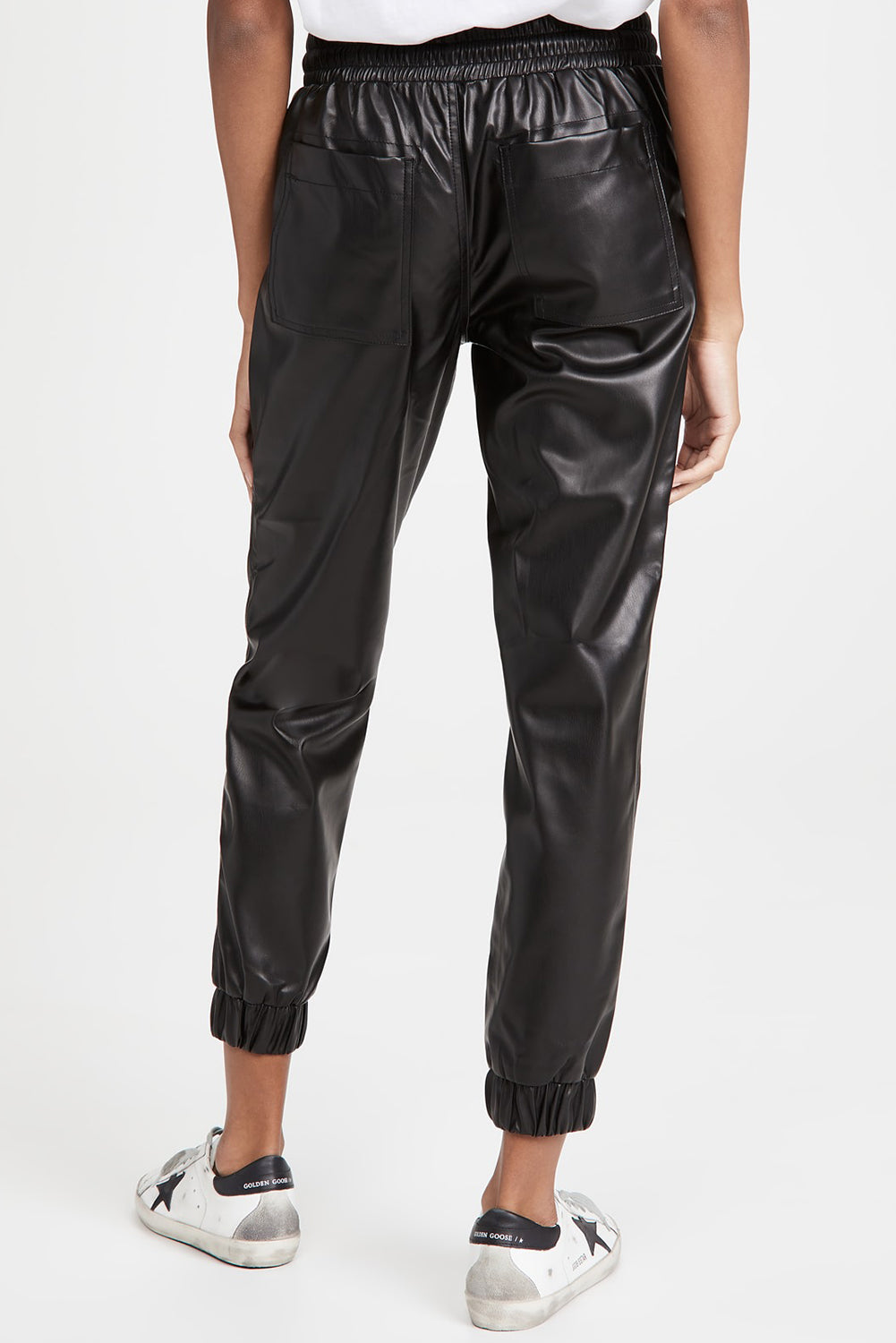 Black Faux Leather Ankle Smocked Waist Drawstring Joggers - eAura