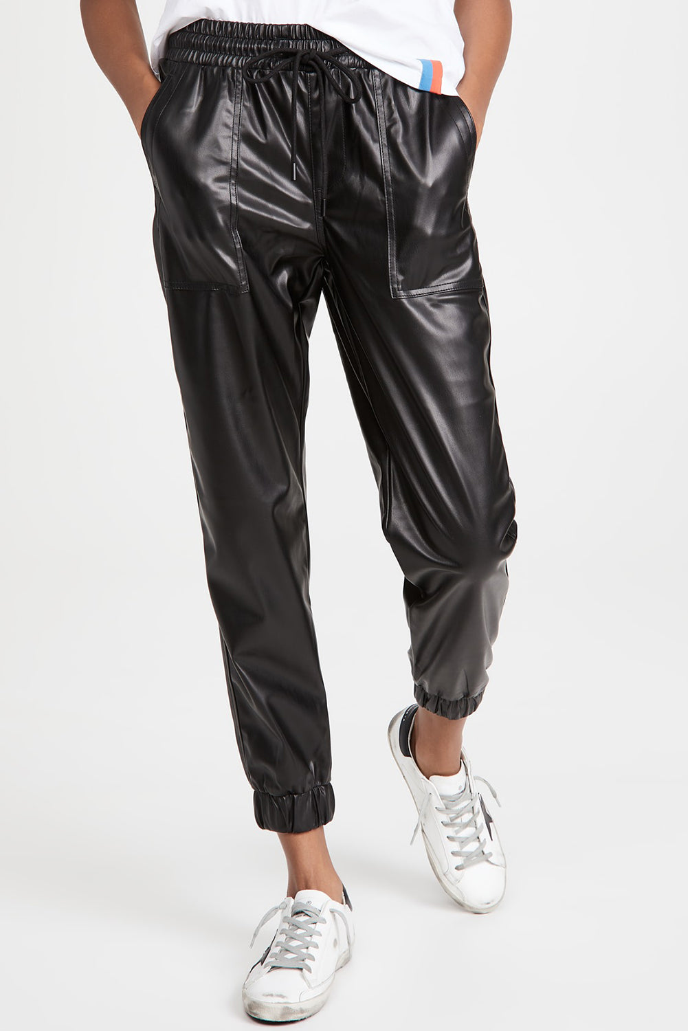 Black Faux Leather Ankle Smocked Waist Drawstring Joggers - eAura