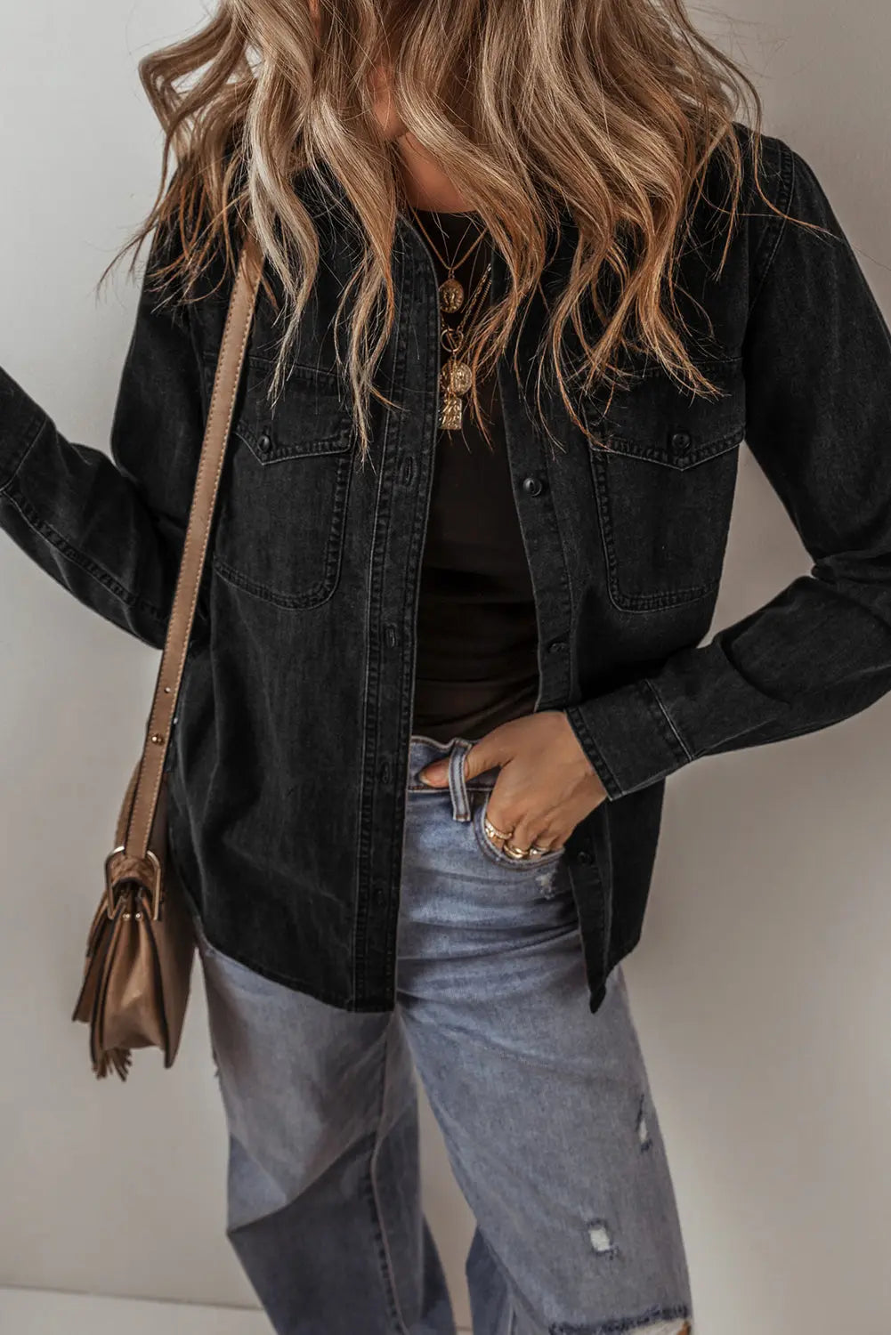 Black Flap Pocket Buttons Collared Jean Jacket eAura