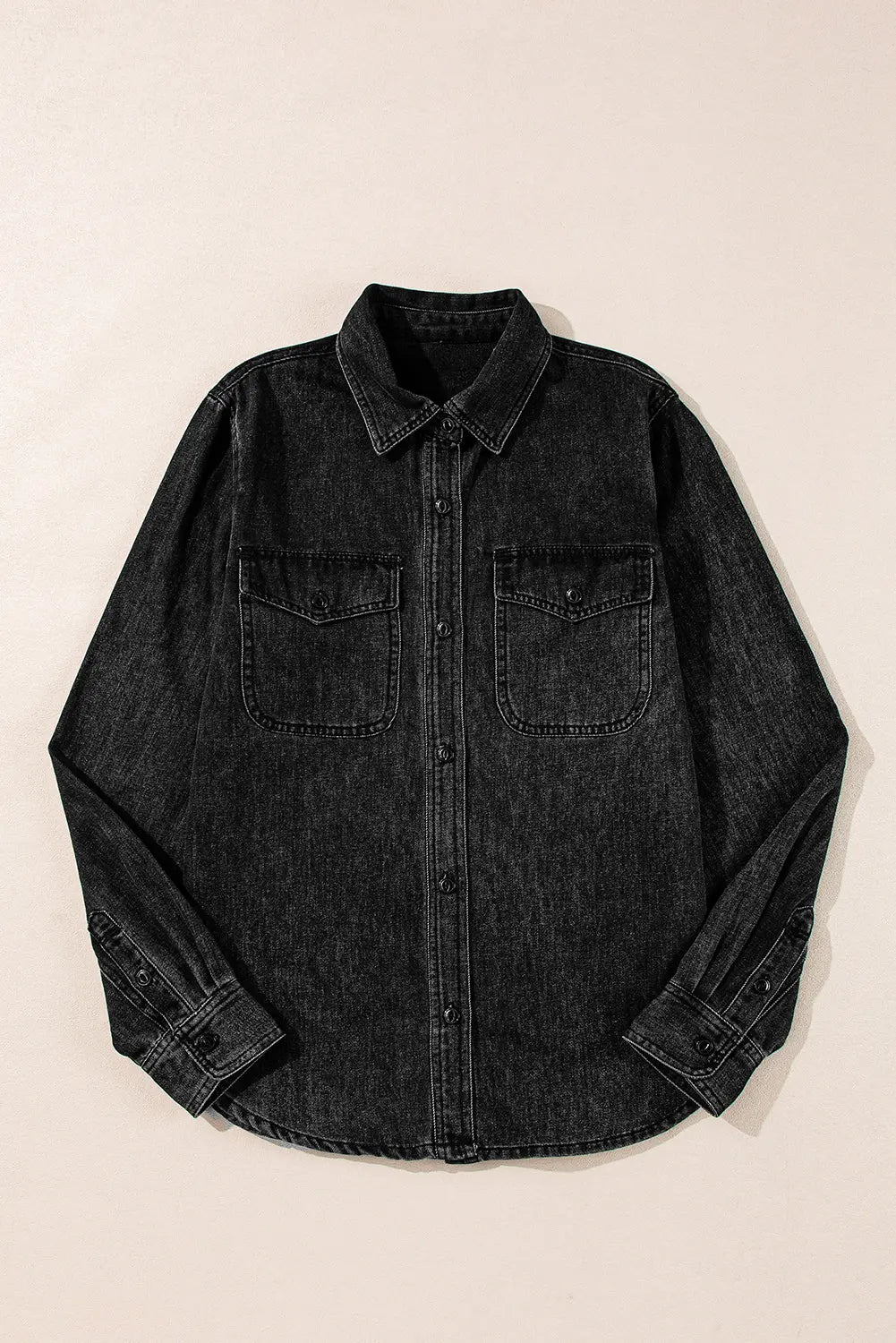 Black Flap Pocket Buttons Collared Jean Jacket eAura