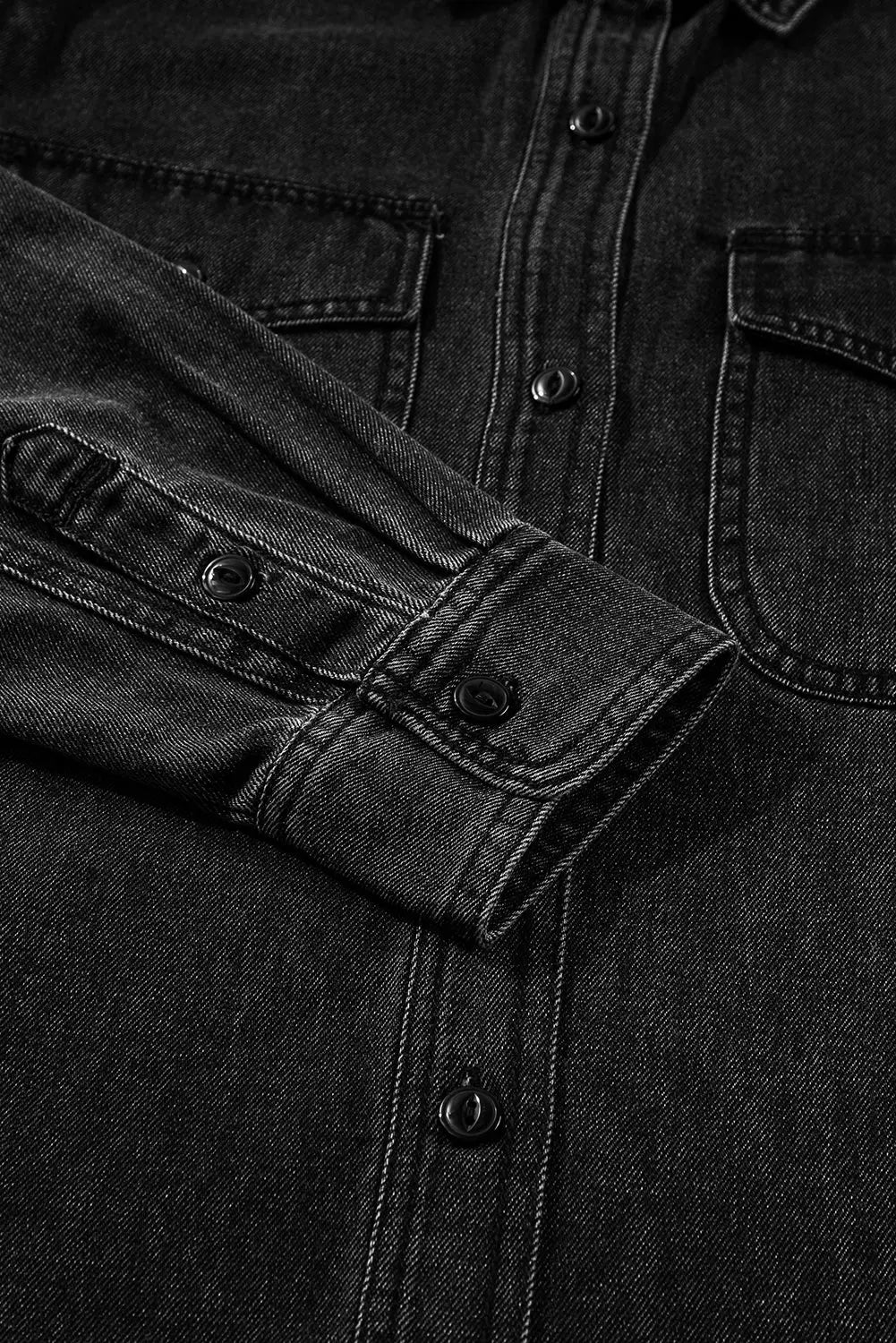 Black Flap Pocket Buttons Collared Jean Jacket eAura