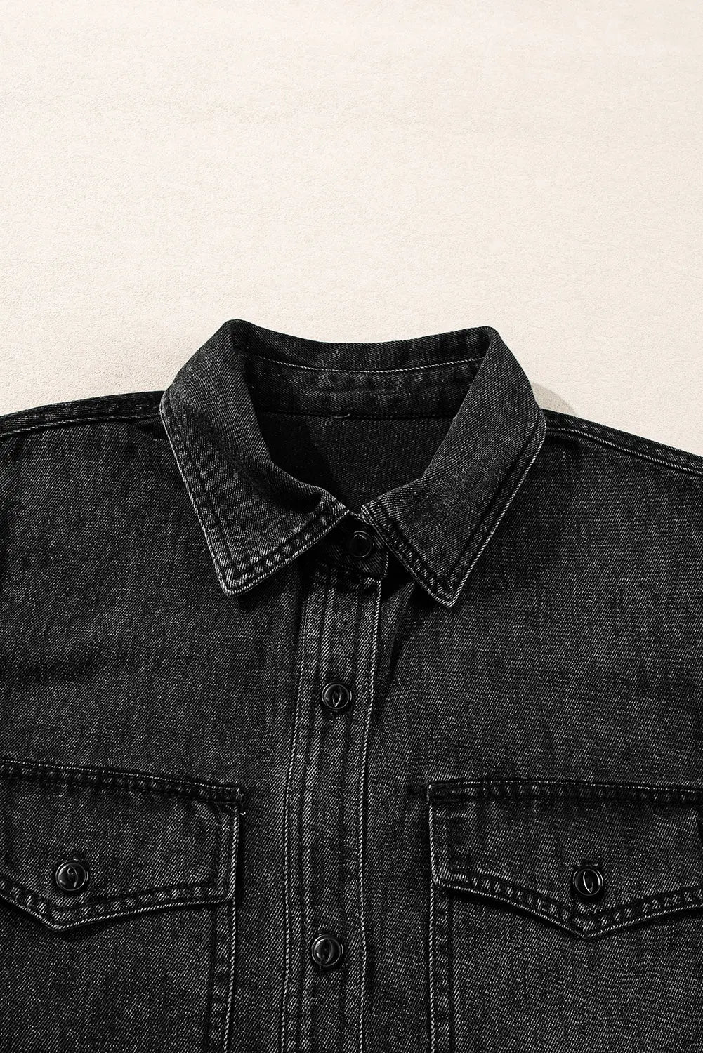 Black Flap Pocket Buttons Collared Jean Jacket eAura