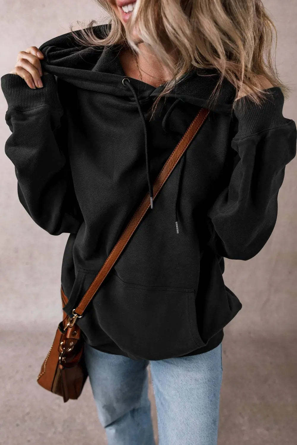 Black Fleece Lined Kangaroo Pocket Drawstring Chunky Hoodie - BB Fashion Outlet