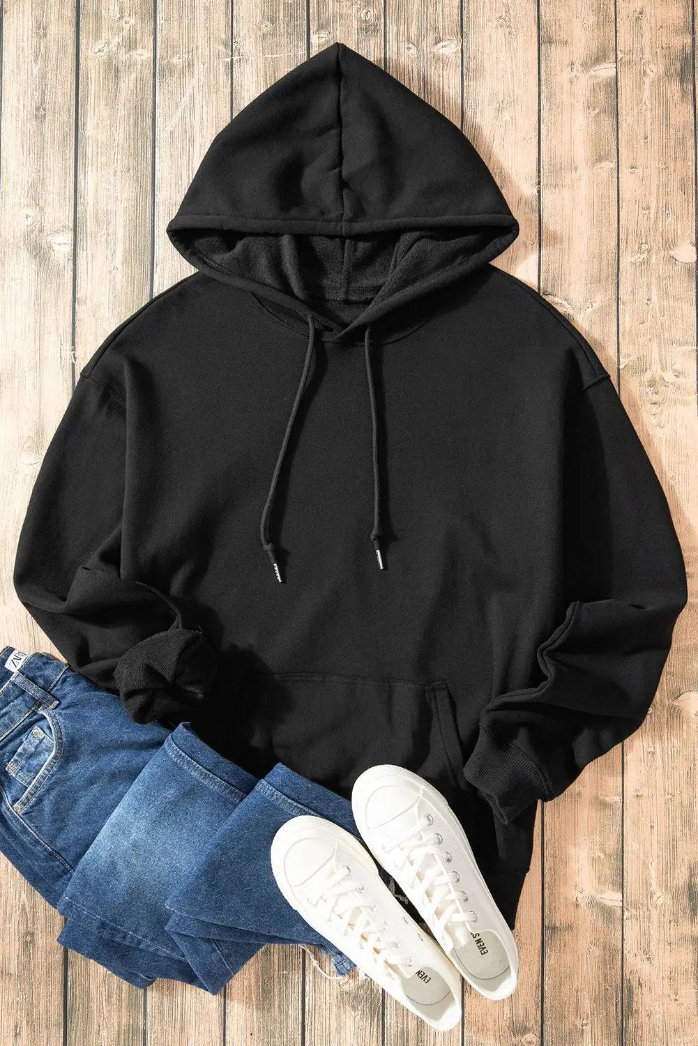 Black Fleece Lined Kangaroo Pocket Drawstring Chunky Hoodie - BB Fashion Outlet