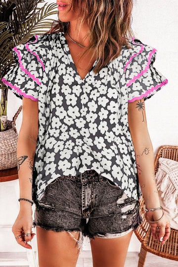 Black Floral Contrast Ric Rac Layered Ruffle Sleeve Blouse - eAura