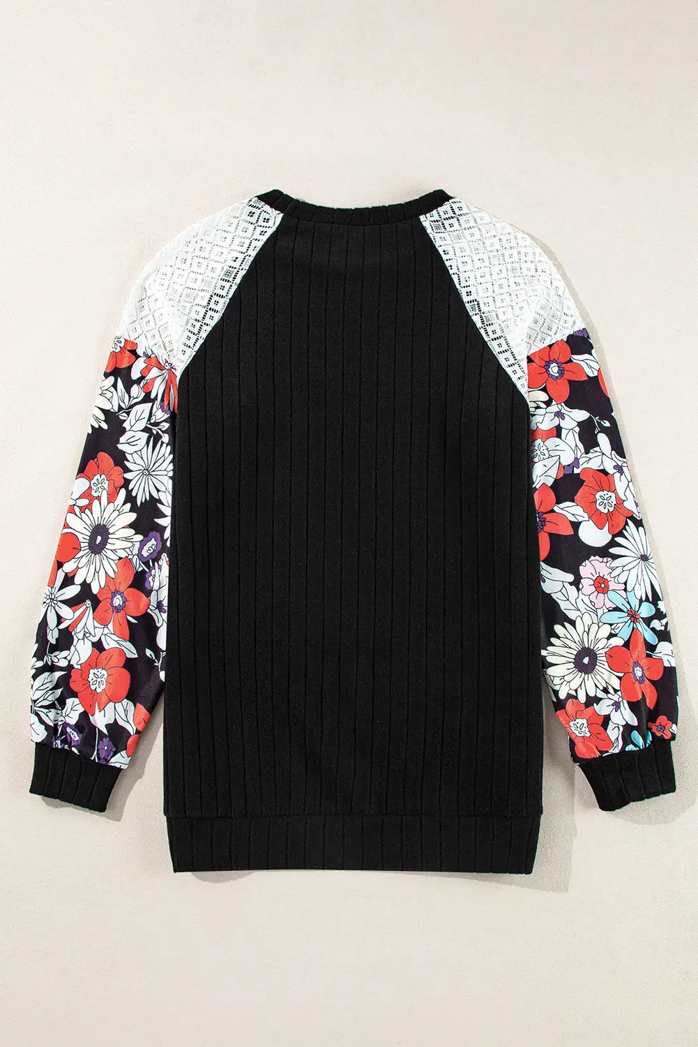 Black Floral Patchwork Long Sleeve Ribbed Blouse Beagle Boutique Fashion Outlet
