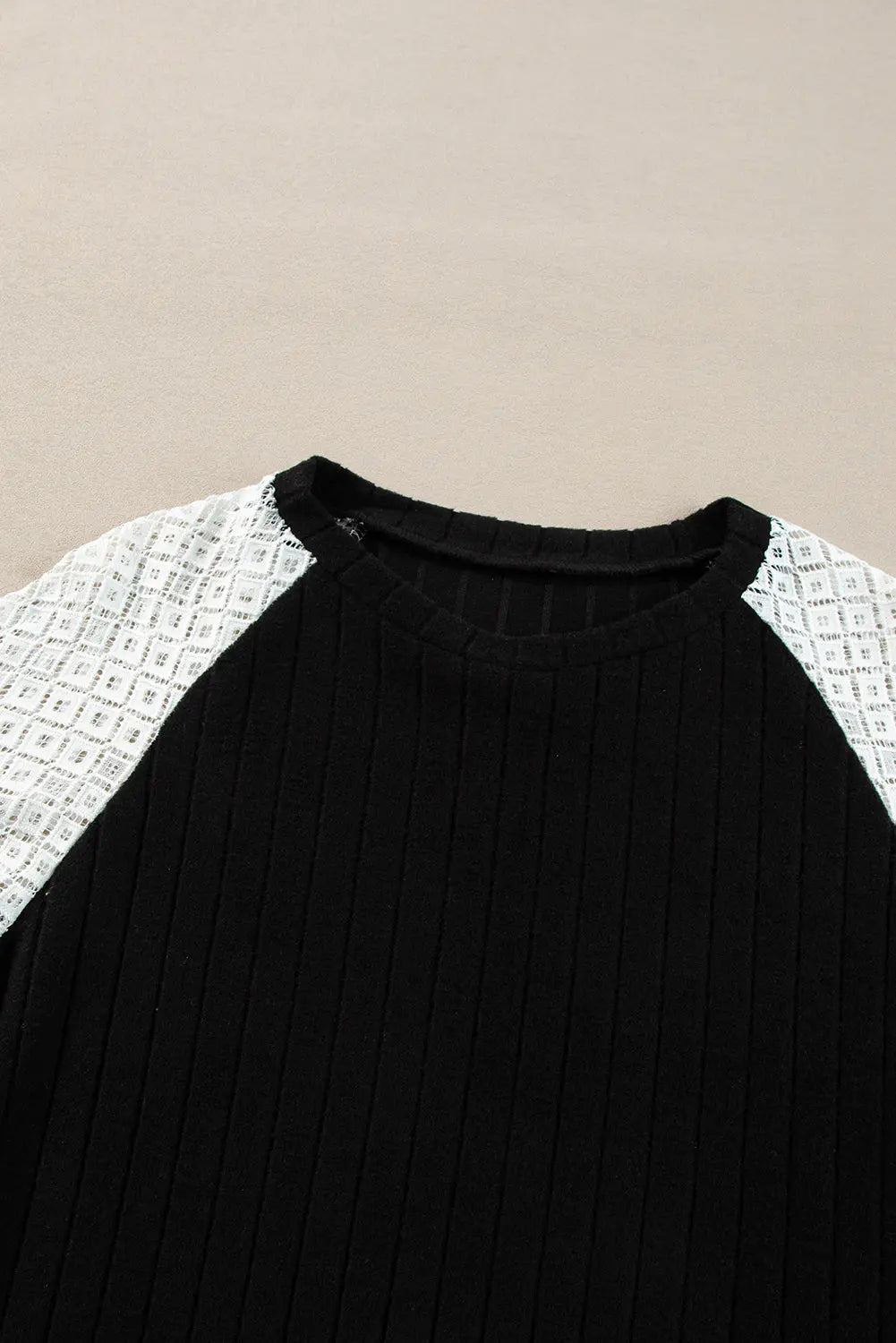 Black Floral Patchwork Long Sleeve Ribbed Blouse Beagle Boutique Fashion Outlet