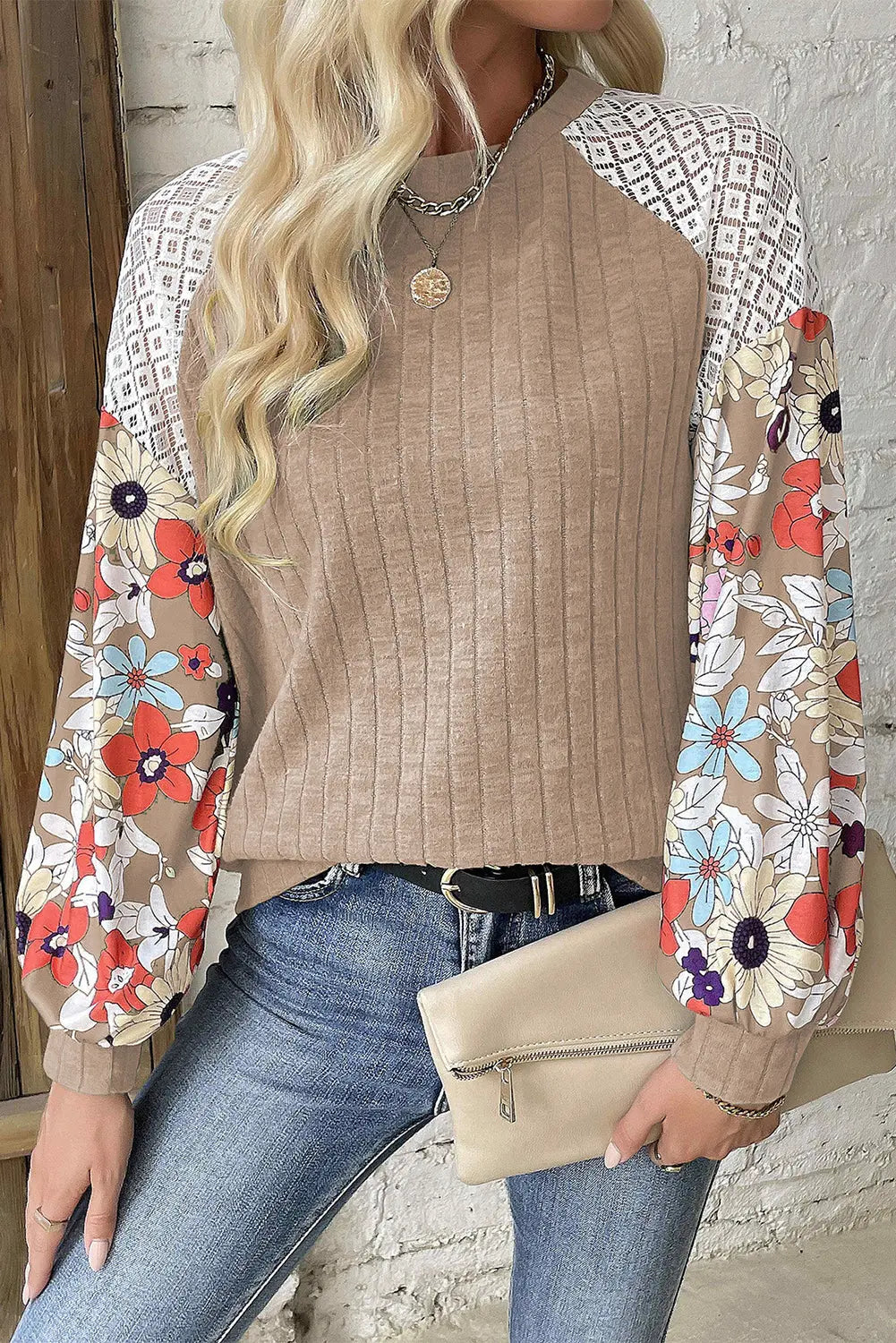 Black Floral Patchwork Long Sleeve Ribbed Blouse Beagle Boutique Fashion Outlet