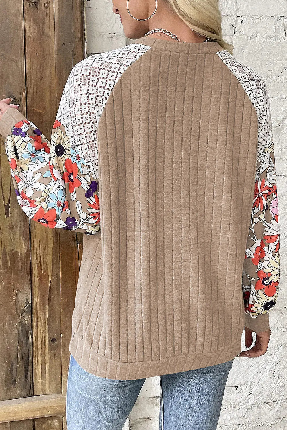 Black Floral Patchwork Long Sleeve Ribbed Blouse Beagle Boutique Fashion Outlet