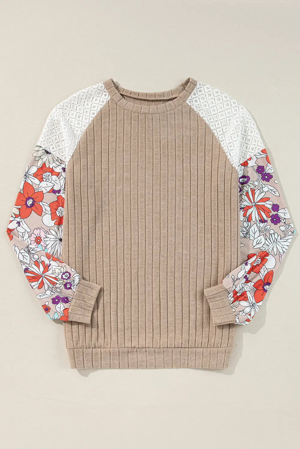 Black Floral Patchwork Long Sleeve Ribbed Blouse Beagle Boutique Fashion Outlet
