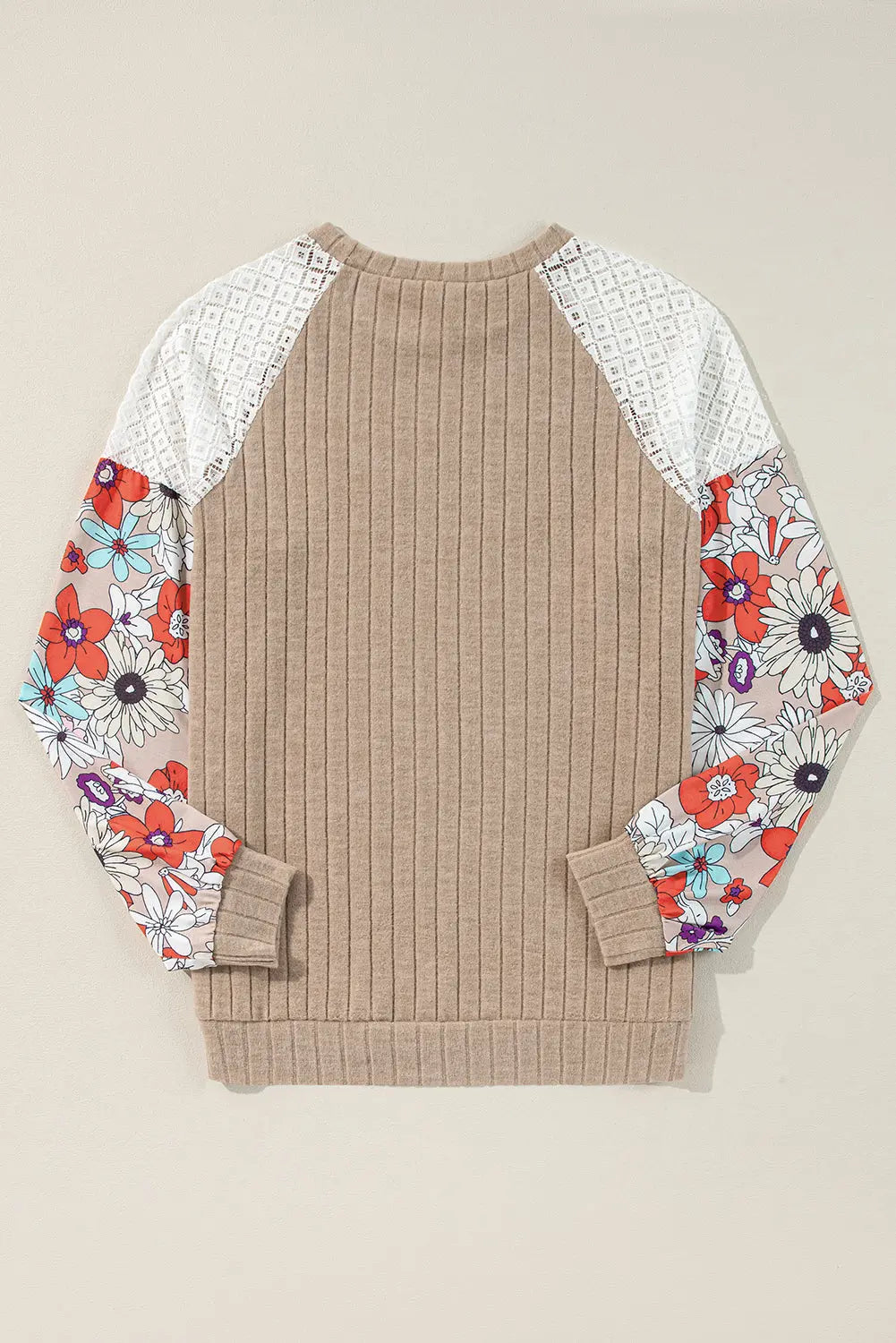 Black Floral Patchwork Long Sleeve Ribbed Blouse Beagle Boutique Fashion Outlet