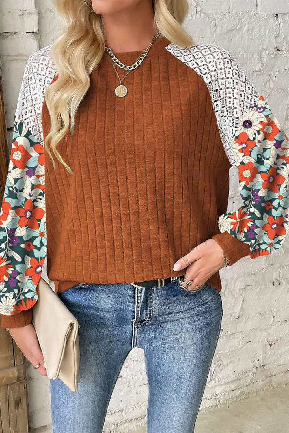 Black Floral Patchwork Long Sleeve Ribbed Blouse Beagle Boutique Fashion Outlet