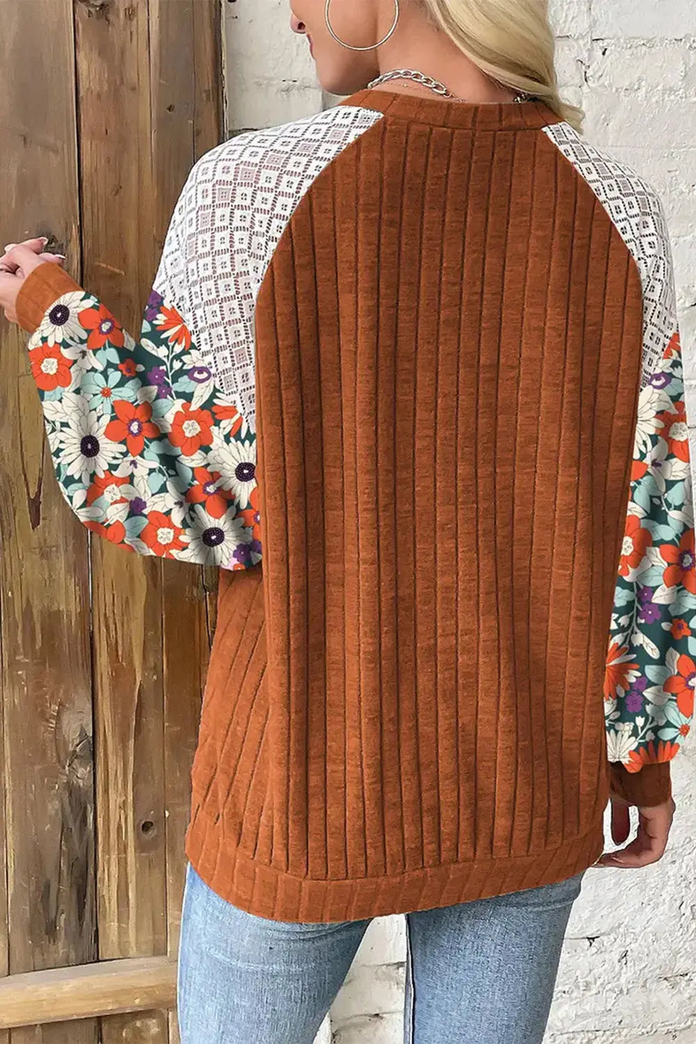 Black Floral Patchwork Long Sleeve Ribbed Blouse Beagle Boutique Fashion Outlet