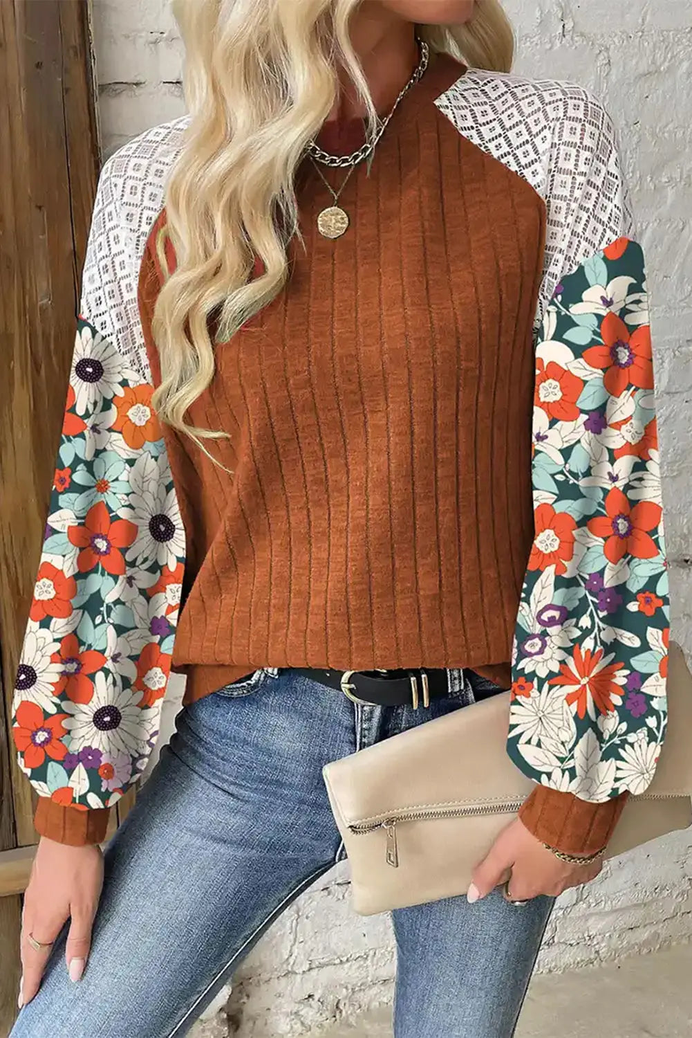 Black Floral Patchwork Long Sleeve Ribbed Blouse Beagle Boutique Fashion Outlet