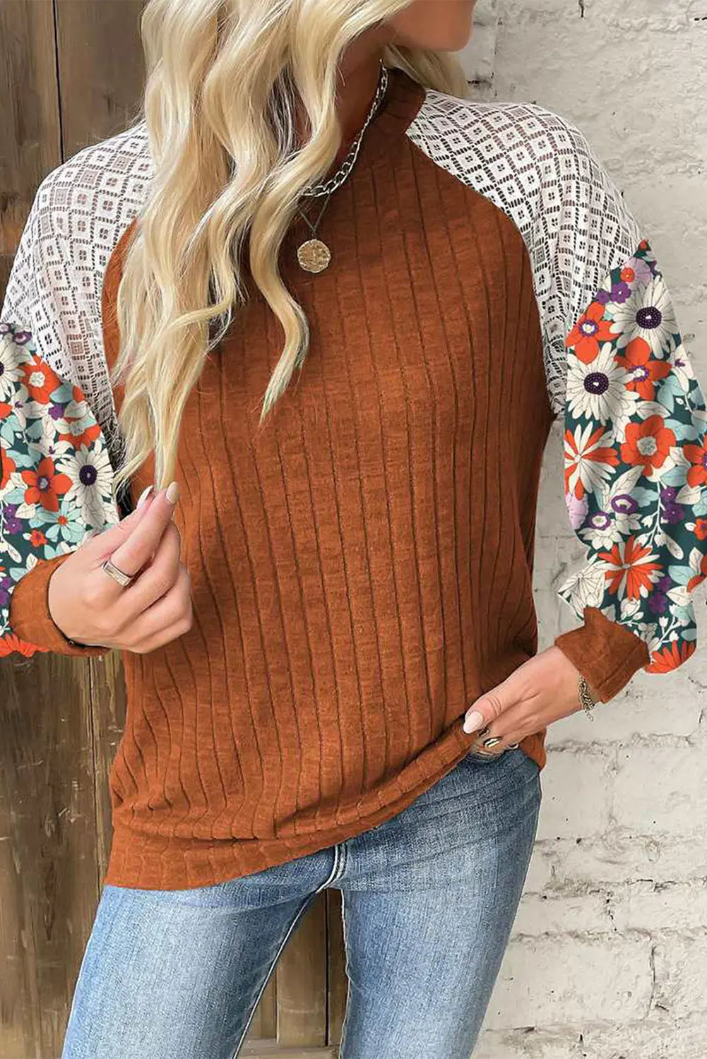 Black Floral Patchwork Long Sleeve Ribbed Blouse Beagle Boutique Fashion Outlet