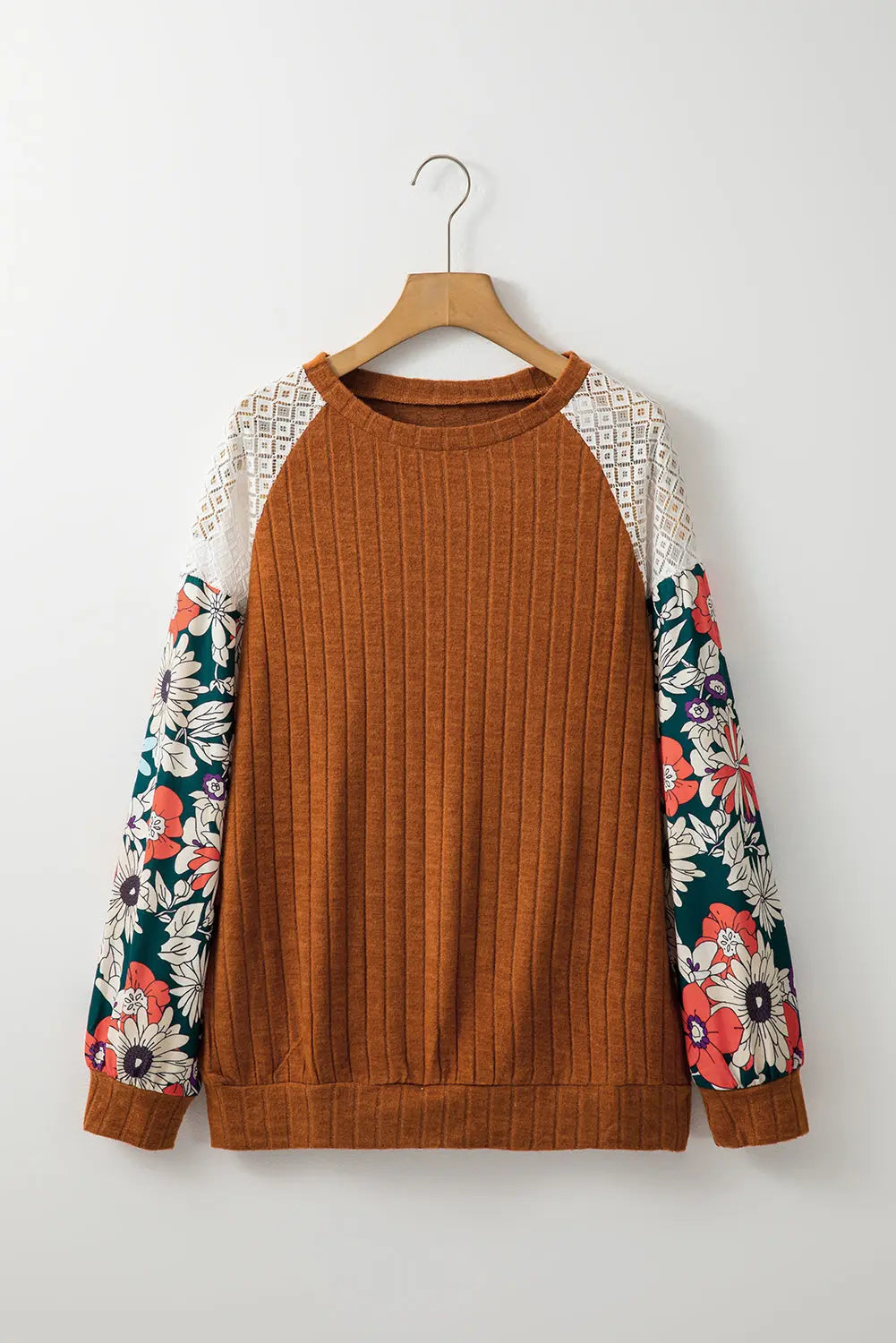 Black Floral Patchwork Long Sleeve Ribbed Blouse Beagle Boutique Fashion Outlet