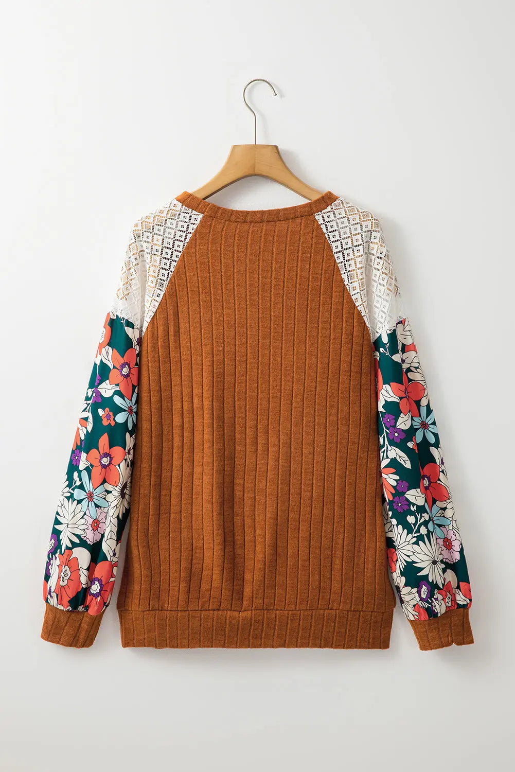 Black Floral Patchwork Long Sleeve Ribbed Blouse Beagle Boutique Fashion Outlet