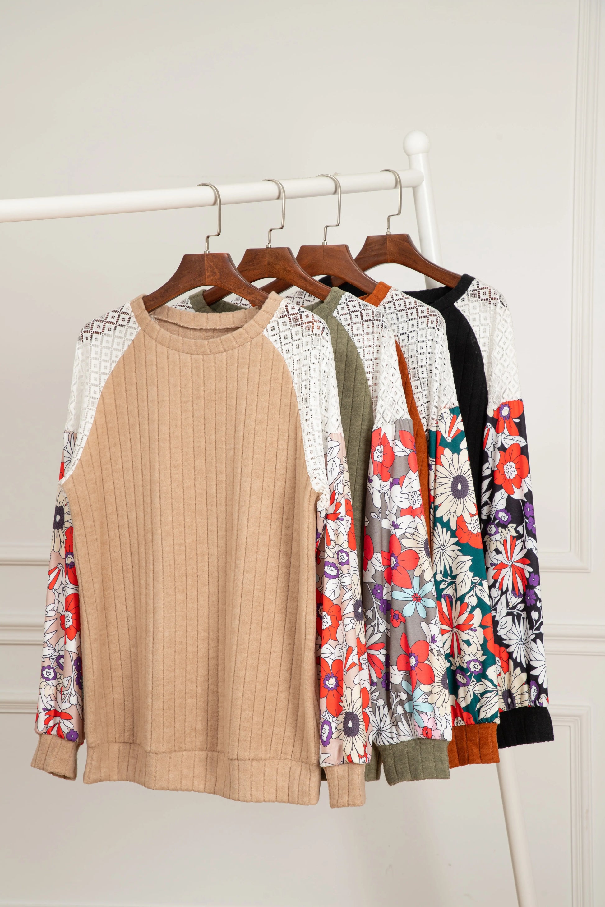 Black Floral Patchwork Long Sleeve Ribbed Blouse Beagle Boutique Fashion Outlet