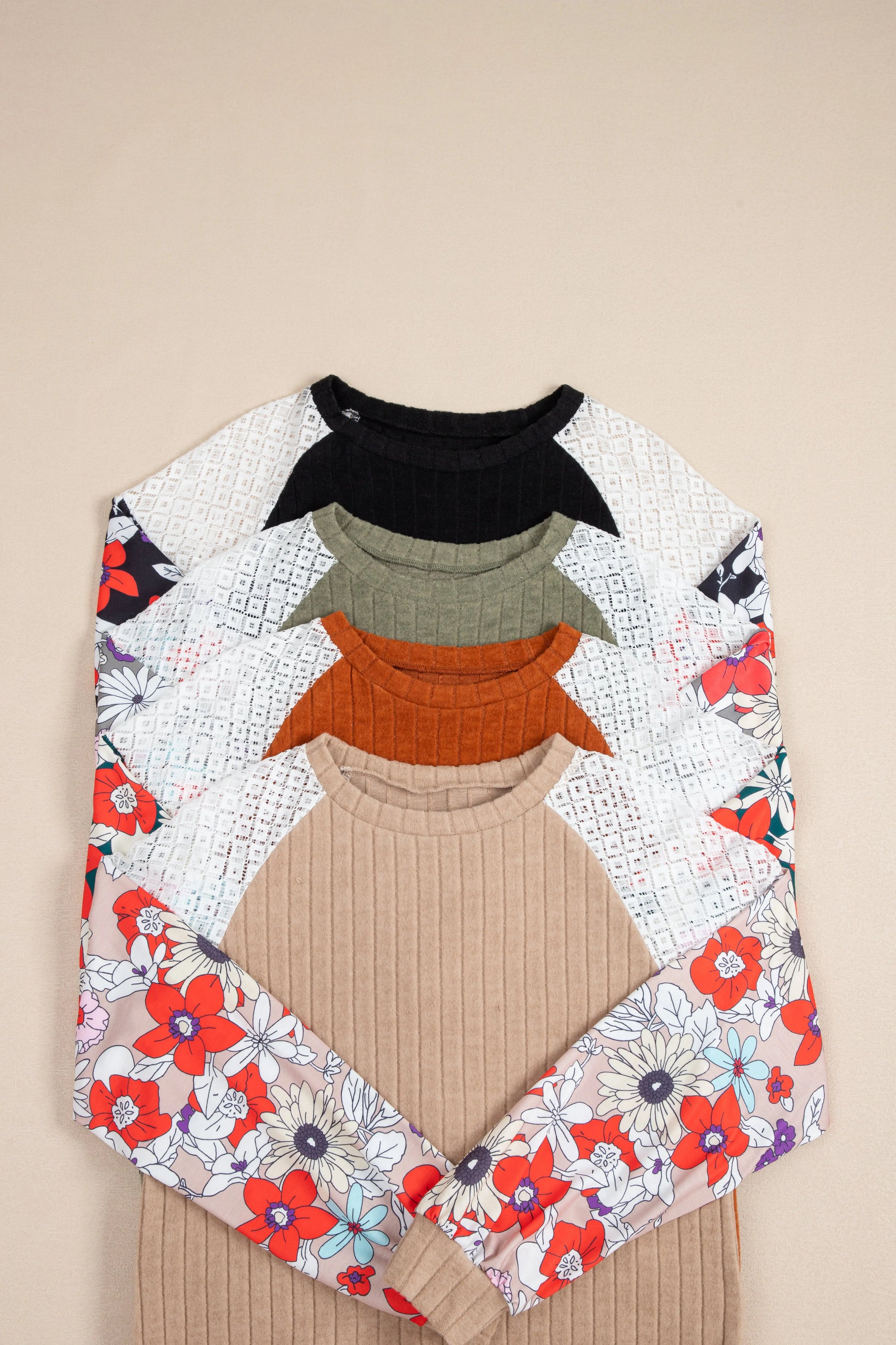 Black Floral Patchwork Long Sleeve Ribbed Blouse Beagle Boutique Fashion Outlet
