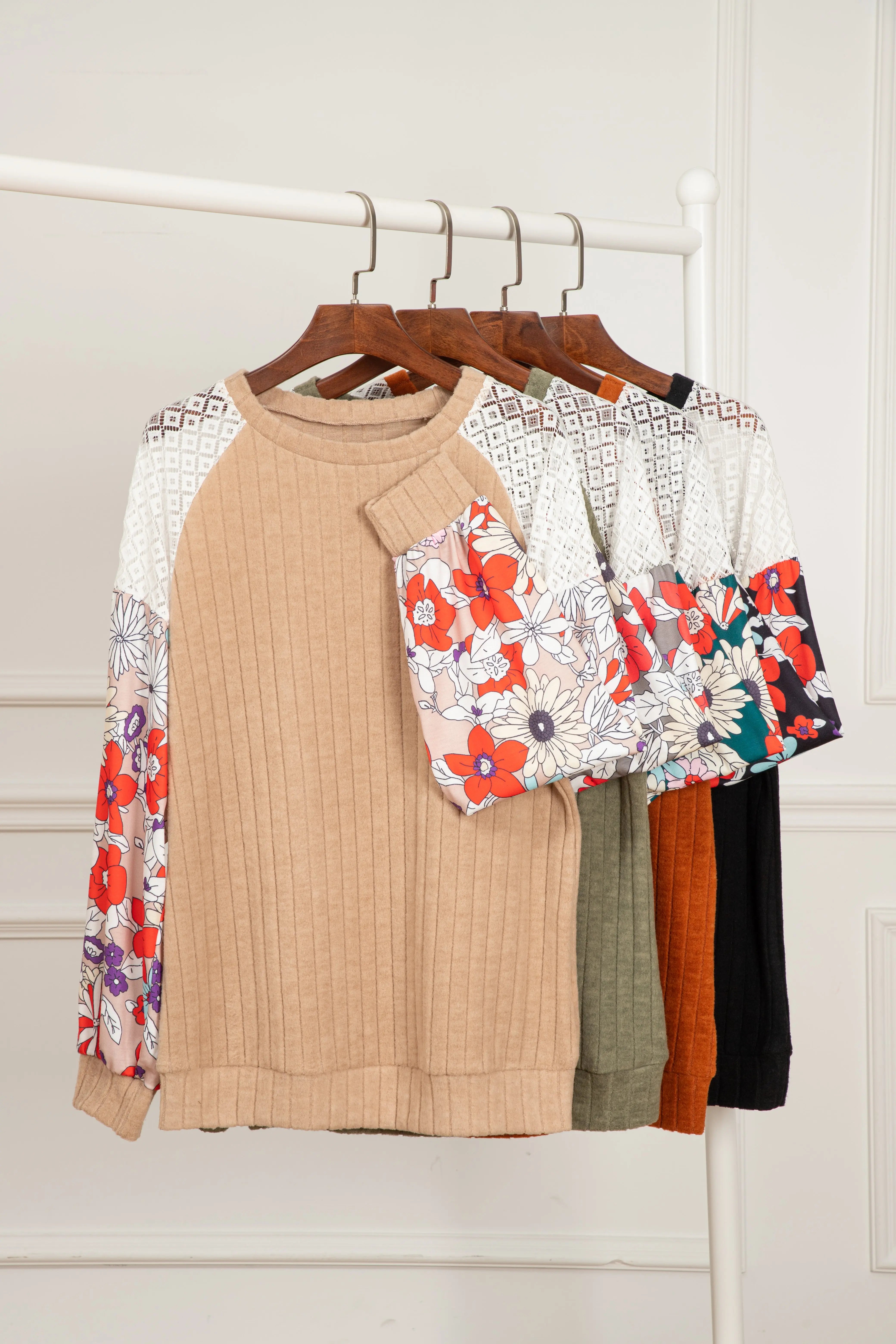 Black Floral Patchwork Long Sleeve Ribbed Blouse Beagle Boutique Fashion Outlet