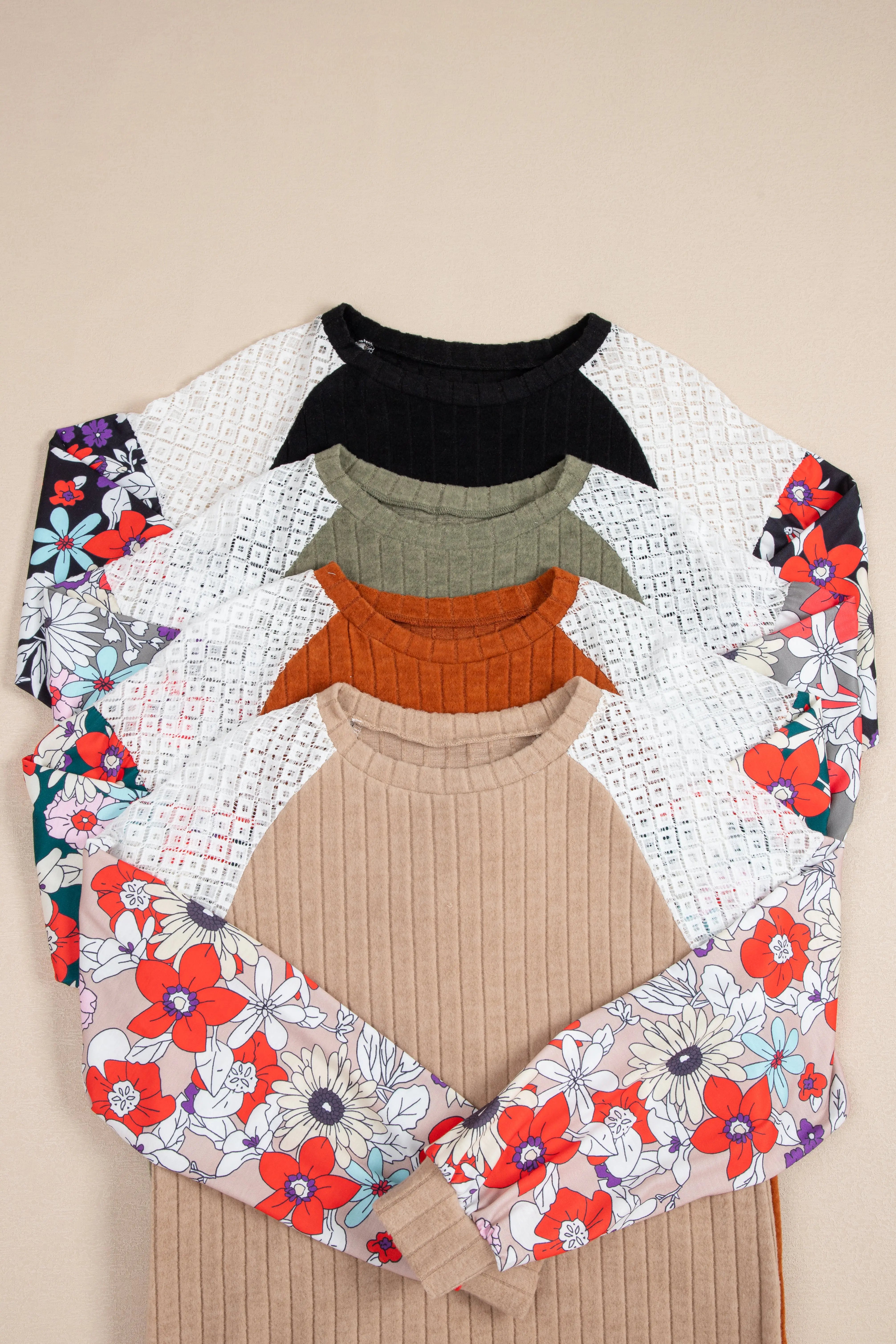 Black Floral Patchwork Long Sleeve Ribbed Blouse Beagle Boutique Fashion Outlet