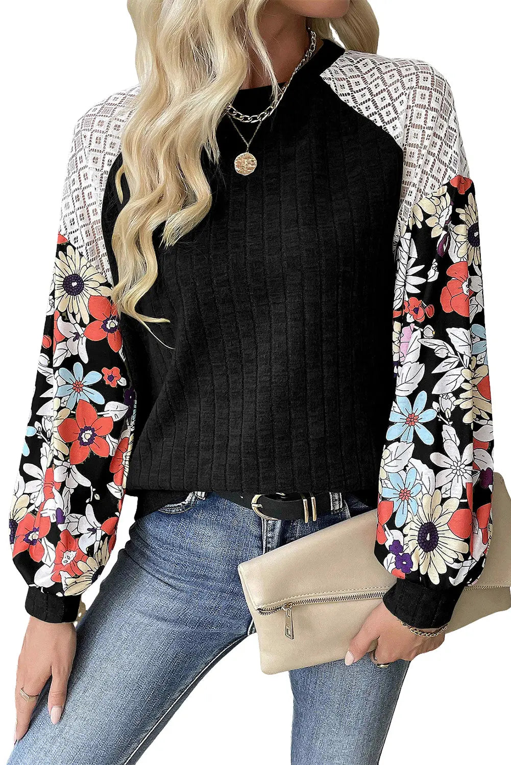 Black Floral Patchwork Long Sleeve Ribbed Blouse Beagle Boutique Fashion Outlet